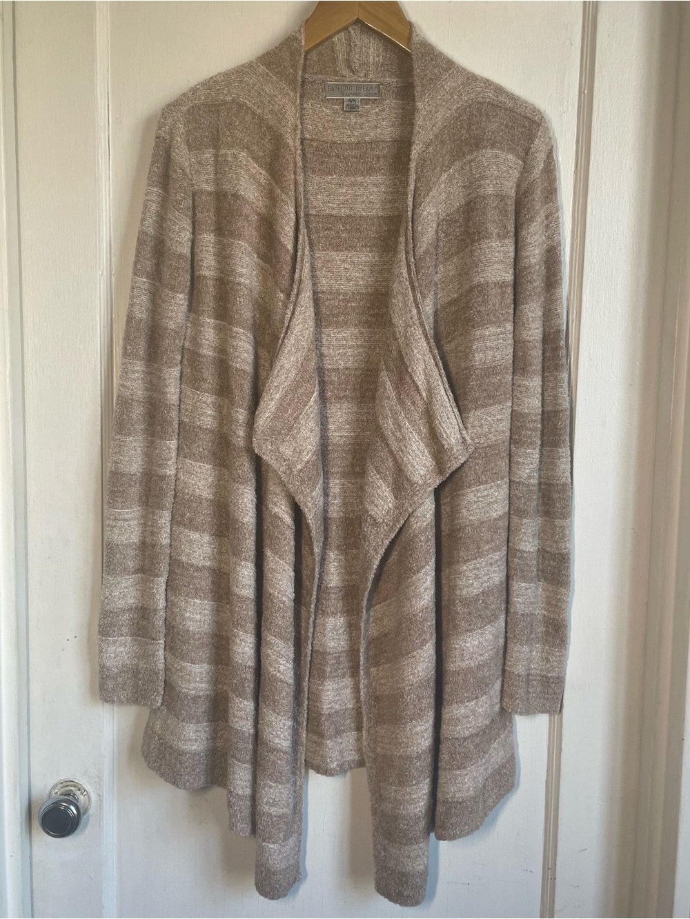 Barefoot Dreams Bamboo Chic Lite Cardigan S/M Striped Oatmeal Taupe Silky Soft